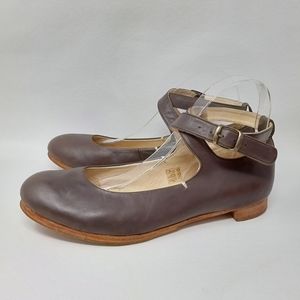 Acote Taupe Leather Ankle Strap Mary Jane Flats, Women's Size EU 39